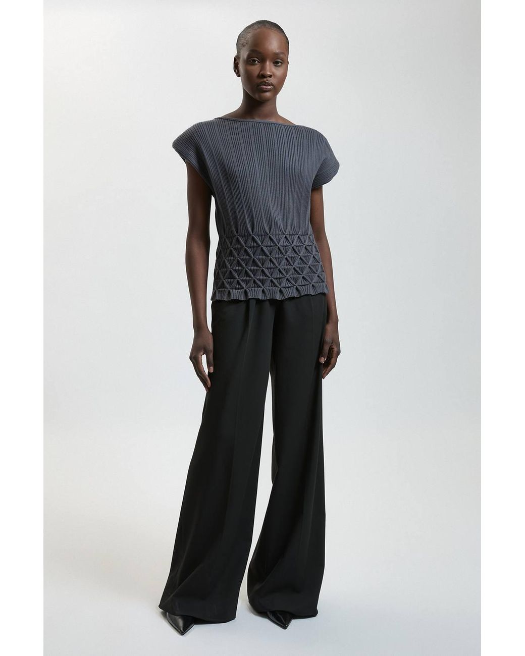 Karen Millen Blue Ribbed Knit Power Shoulder Top With Manipulated Stitch Detail