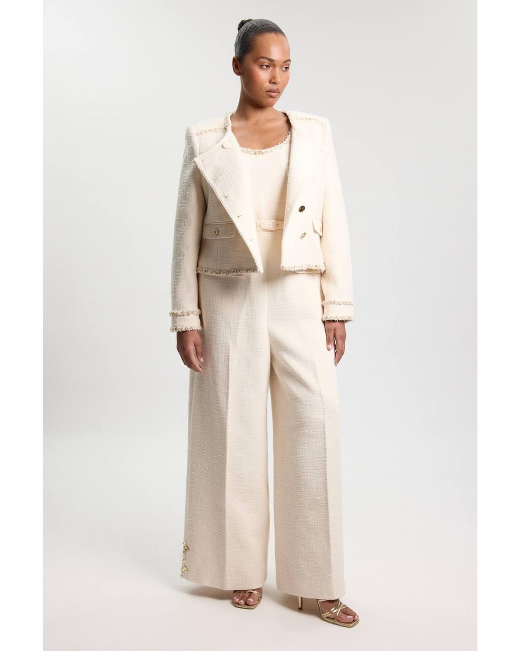 Karen Millen Natural Plus Size Tweed Embellished Trim Tailored Wide Leg Jumpsuit