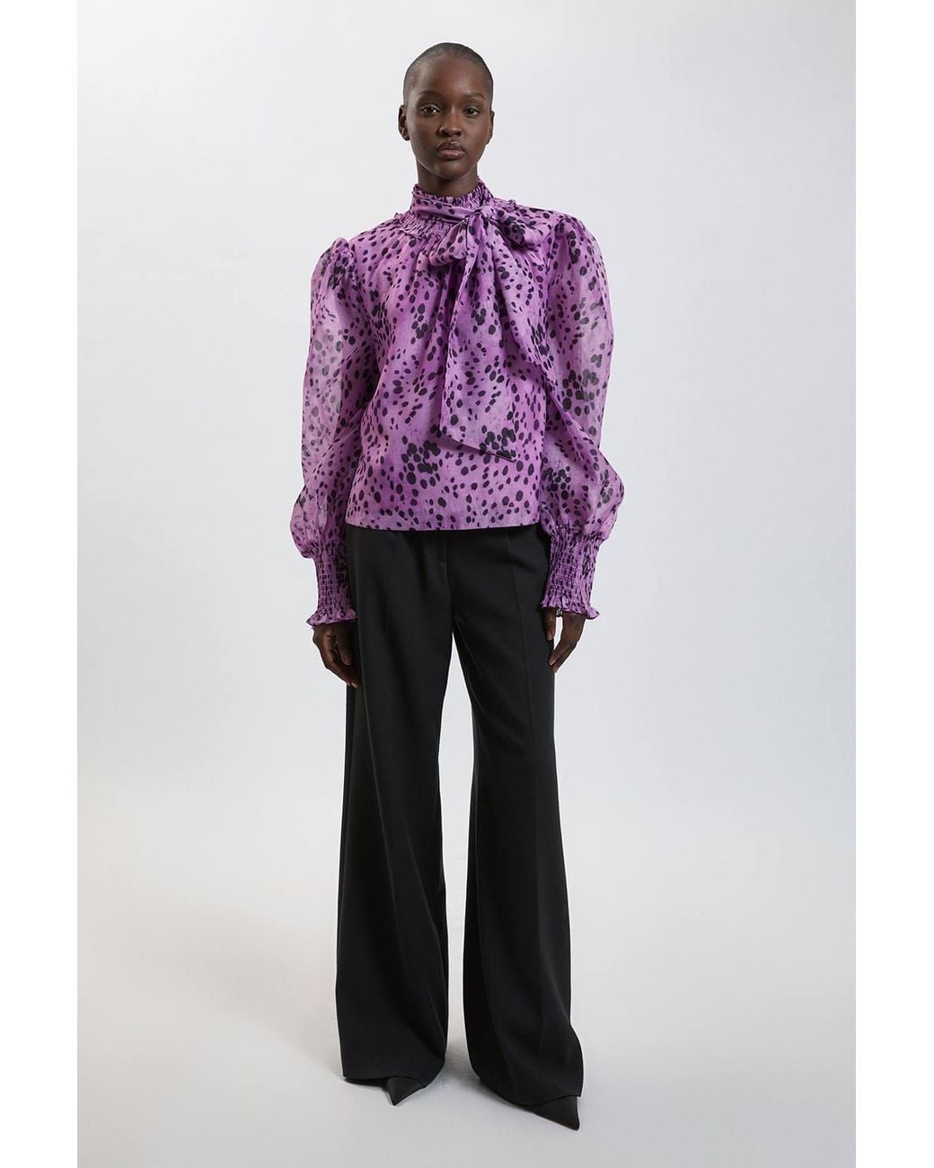 Karen Millen Purple Spot Animal Print High Neck Ruched Detail Blouse