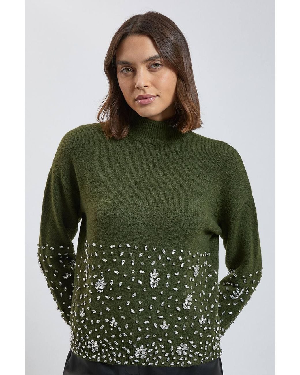 Karen Millen Green Wool Blend Embellished Cosy Knitted High Neck Jumper