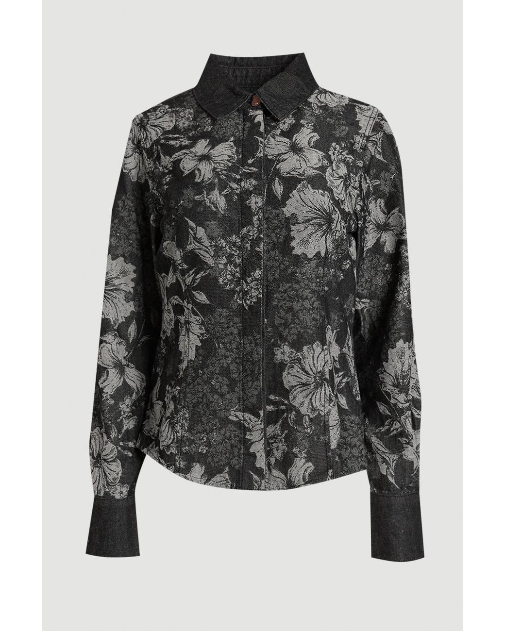 Karen Millen Black Jacquard Denim Contrast Collar And Cuff Shirt
