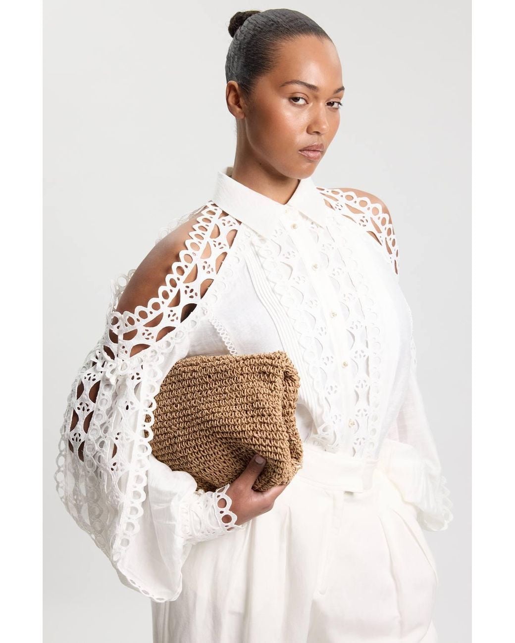 Karen Millen White Plus Size Tape Detail Cold Shoulder Woven Blouse