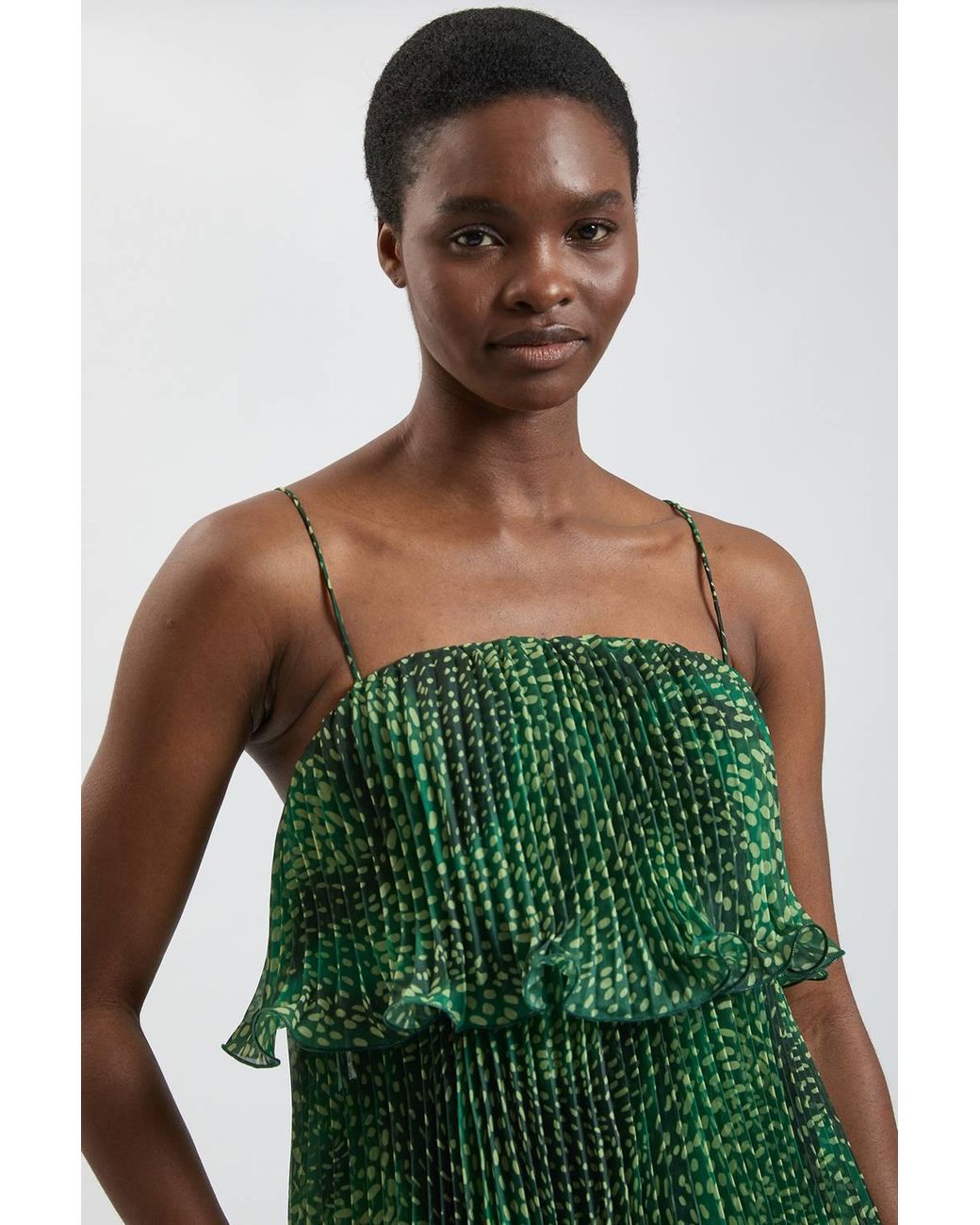 Karen Millen Green Petite Spot Print Pleated Slub Organdie Peplum Woven Maxi Dress