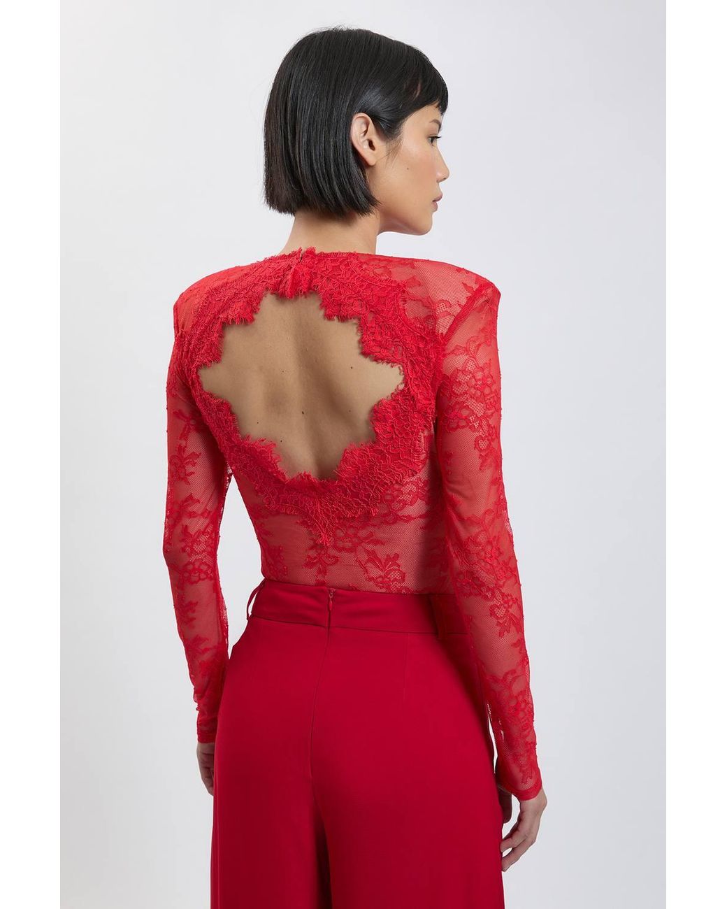 Karen Millen Red Petite Lace Long Sleeve Bodysuit
