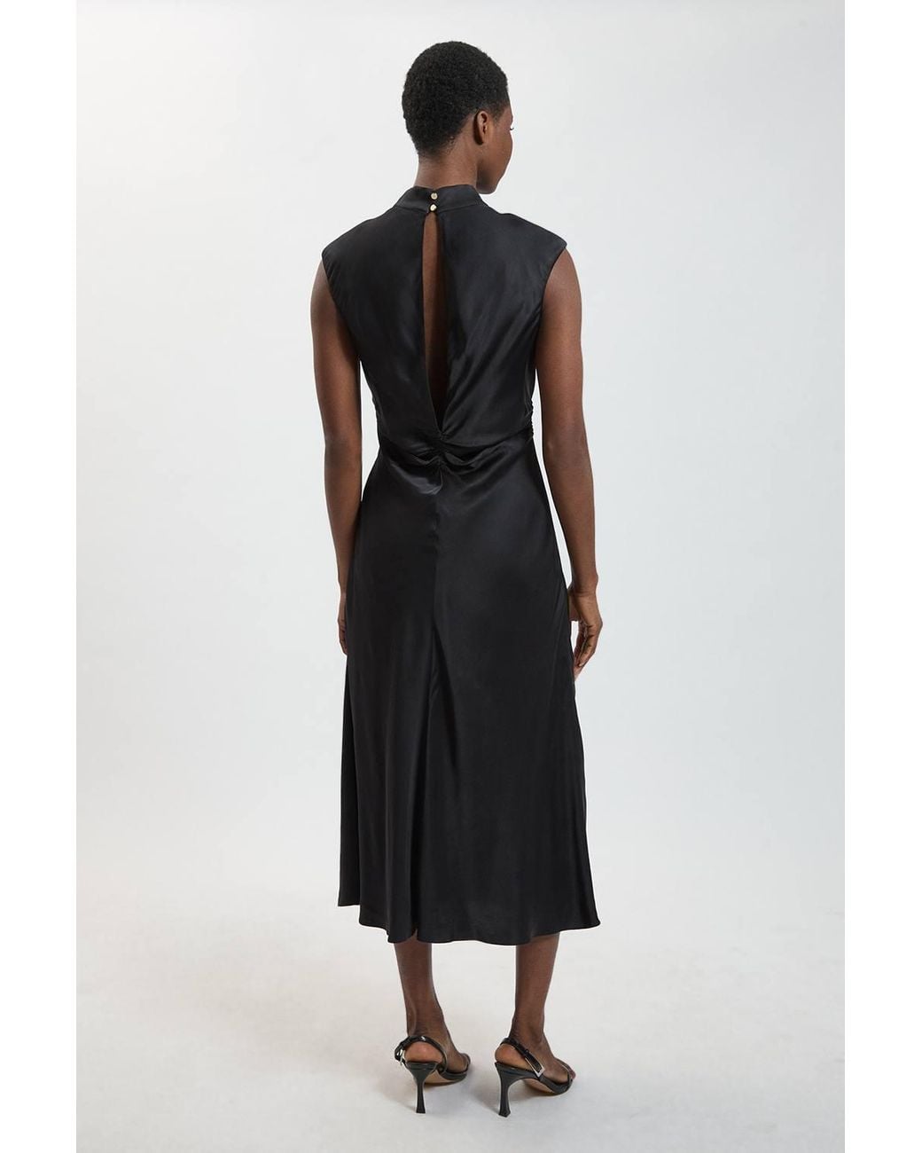 Karen Millen Black Viscose Satin Ruched Cowl Neck Midi Dress
