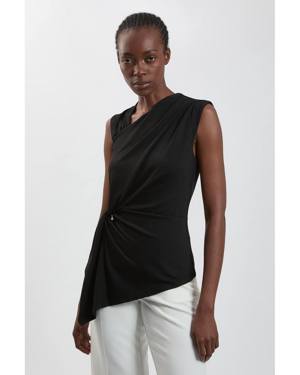 Karen Millen Black Viscose Metal Clasp Detail Jersey Top With Asymmetrical Hem