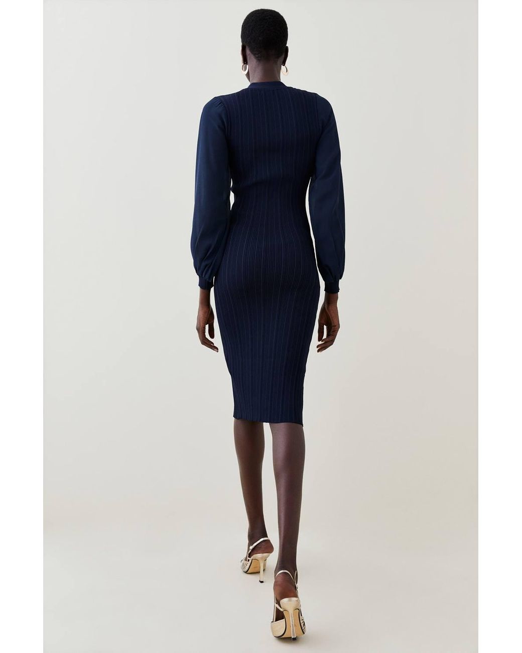 Karen Millen Blue Petite Forever Viscose Blend Rib Knit Chiffon Sleeve Midi Dress