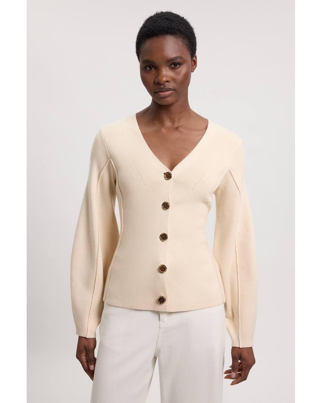 Karen Millen Natural Knit Wool Look Rounded Sleeve Cardigan Sweater