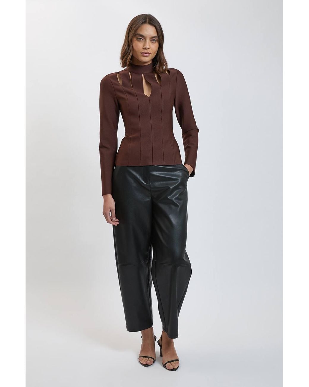 Karen Millen Brown Bandage Figure Form Cut Out Knitted Long Sleeved Top