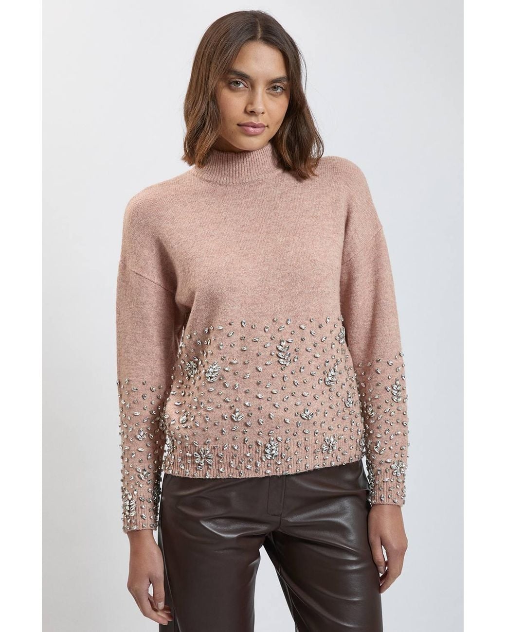 Karen Millen Natural Wool Blend Embellished Cosy Knitted High Neck Jumper