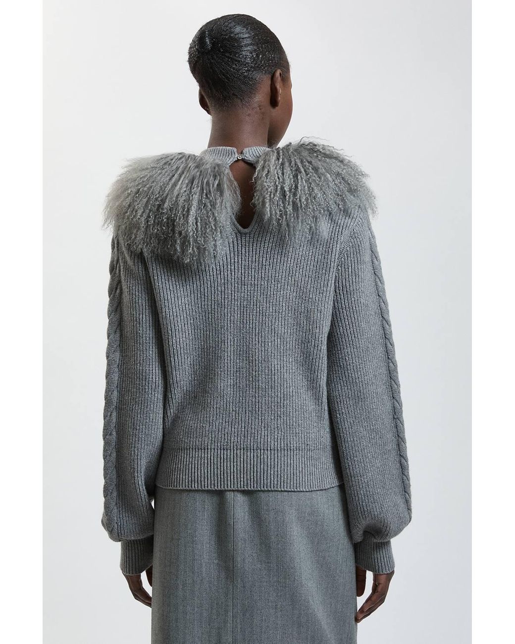 Karen Millen Cable Knit Viscose Blend Shearling Collar Jumper in Grey ...