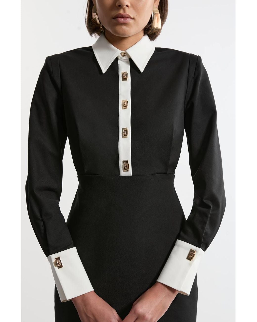 Karen Millen Black Techno Cotton Woven Maxi Shirt Dress With Clasps