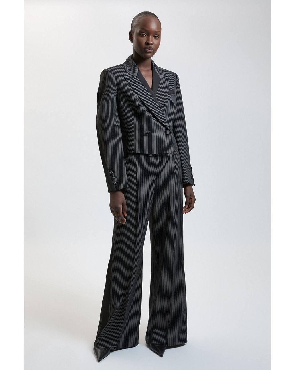 Karen Millen Blue Pinstripe Satin Mix Tailored Wide Leg Trouser