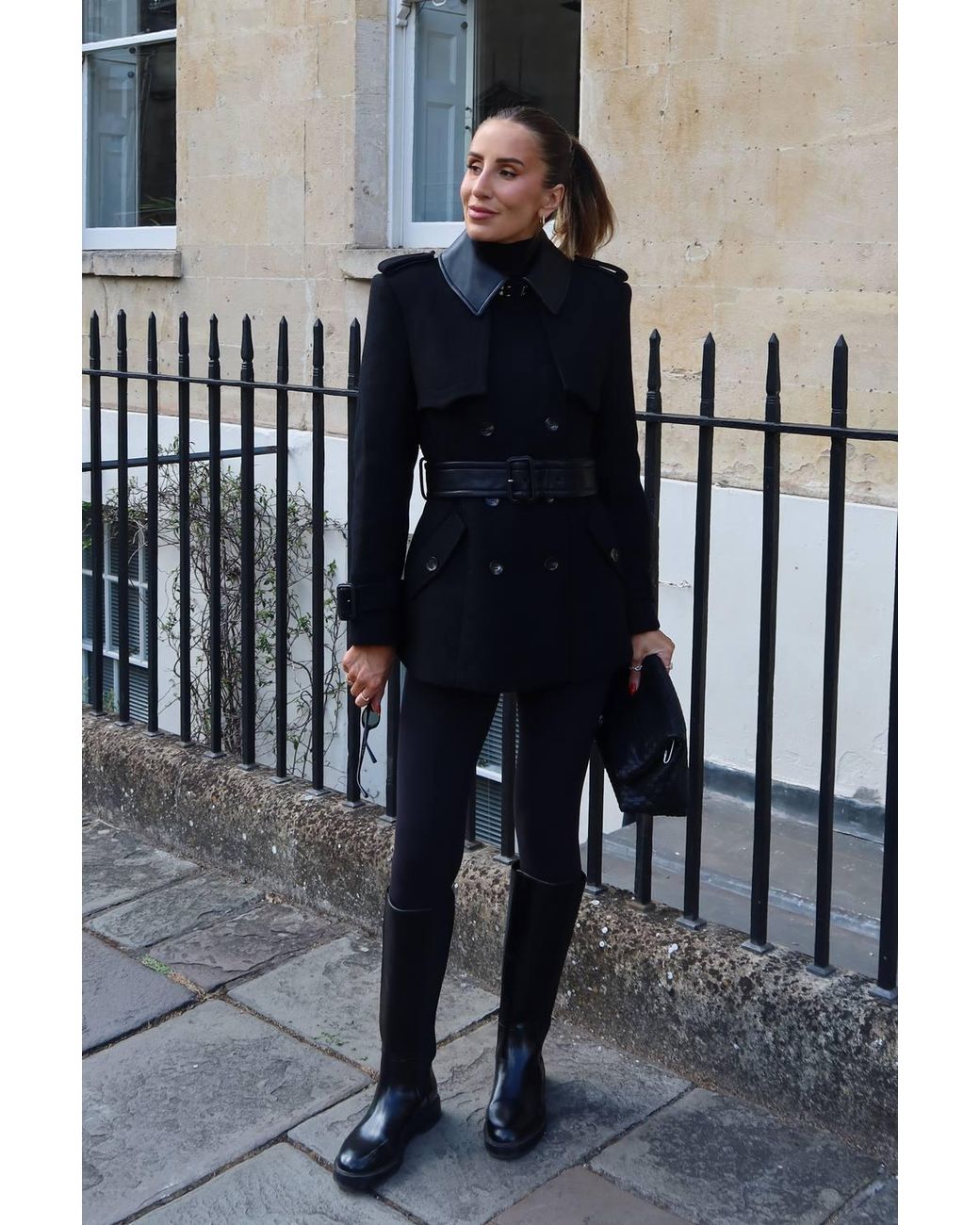 Karen Millen Black Wool & Faux Leather Detail Short Pea Coat