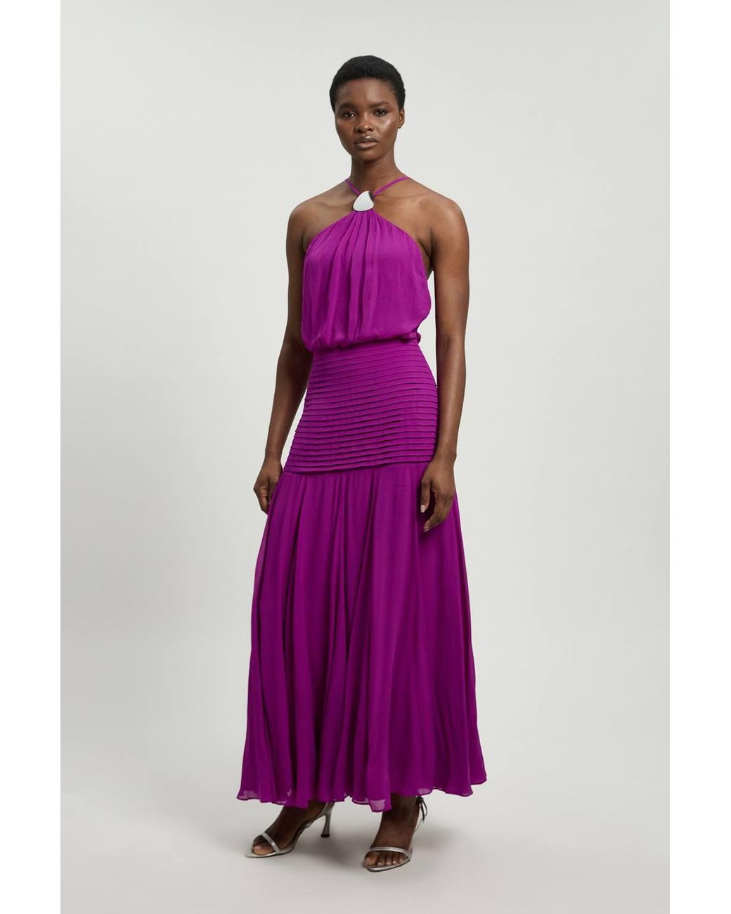 Karen Millen Purple Petite Viscose Georgette Drop Hem Woven Halter Neck Maxi Dress
