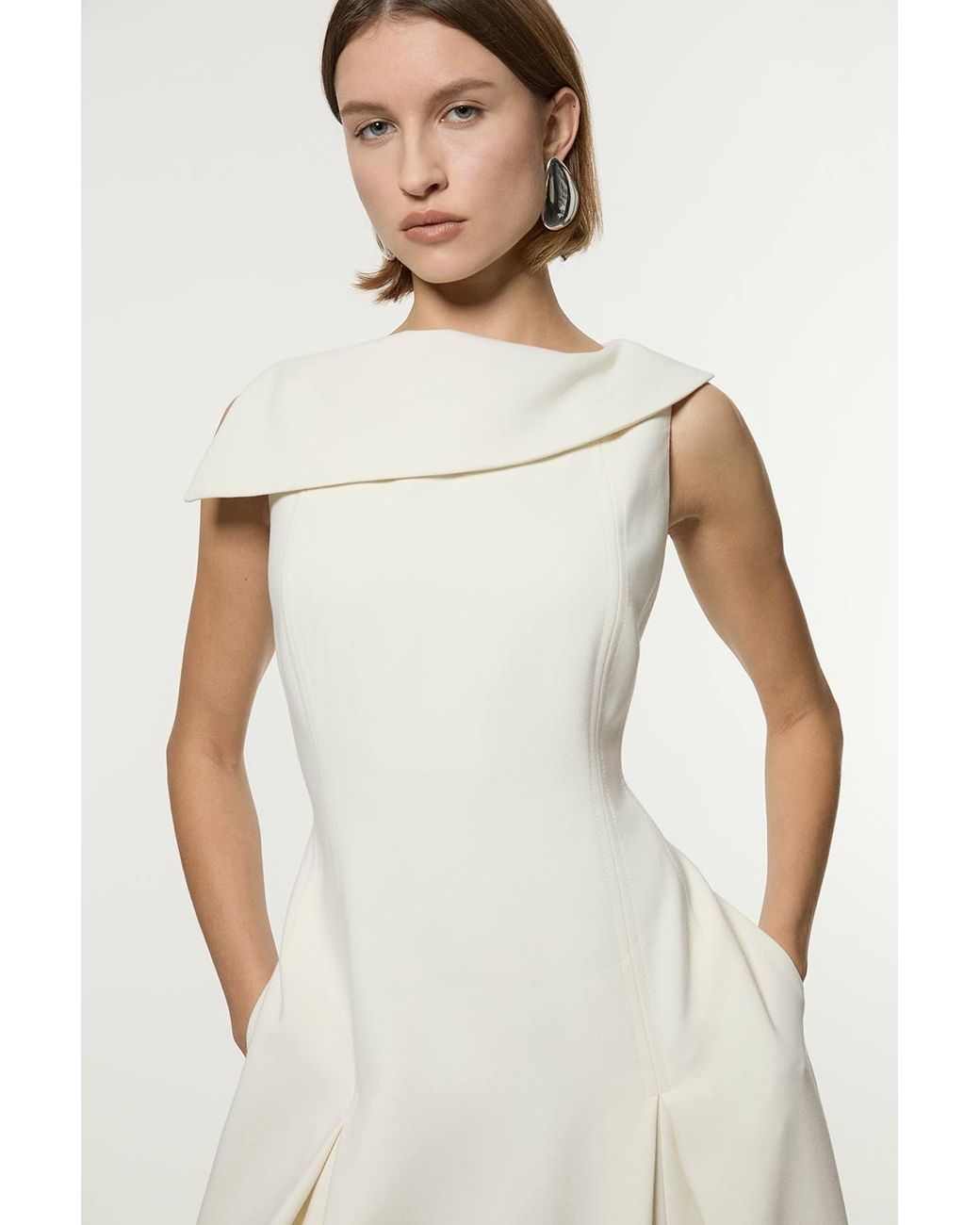 Karen Millen Natural Compact Stretch Asymmetric Neck Tailored Full Skirted Dress
