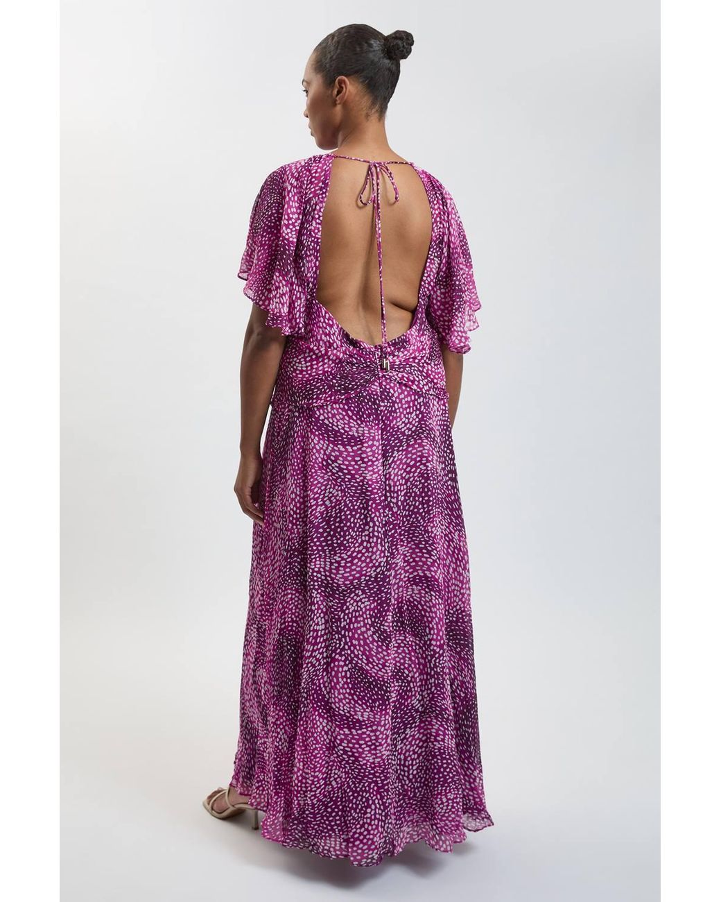 Karen Millen Purple Plus Size Spot Print Viscose Georgette Cape Sleeve Ruffle Woven Maxi Dress