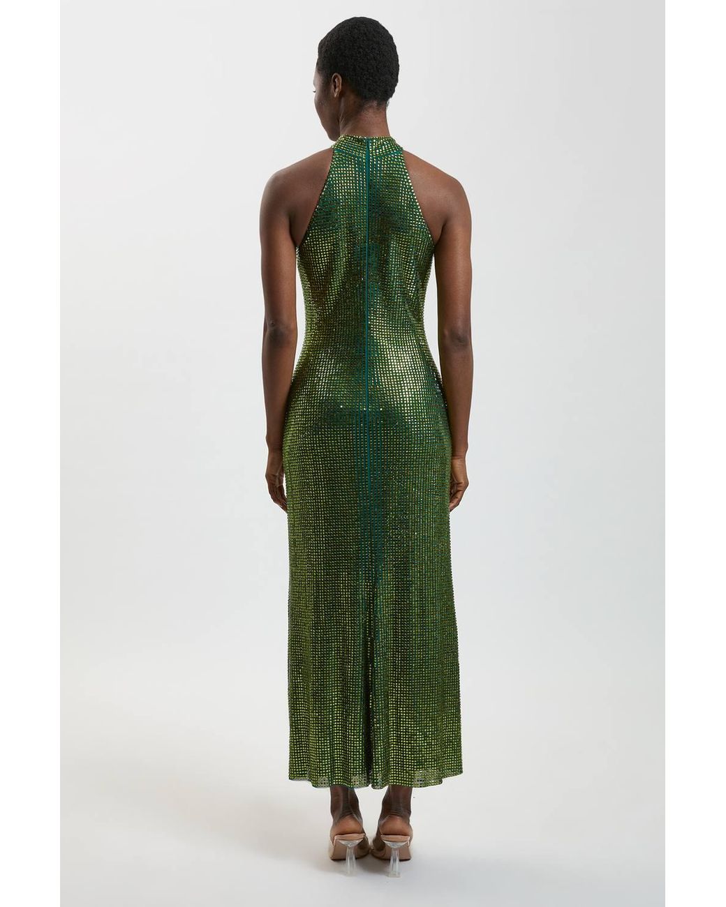 Karen Millen Green Premium Crystal Embellished Halter Neck Maxi Dress