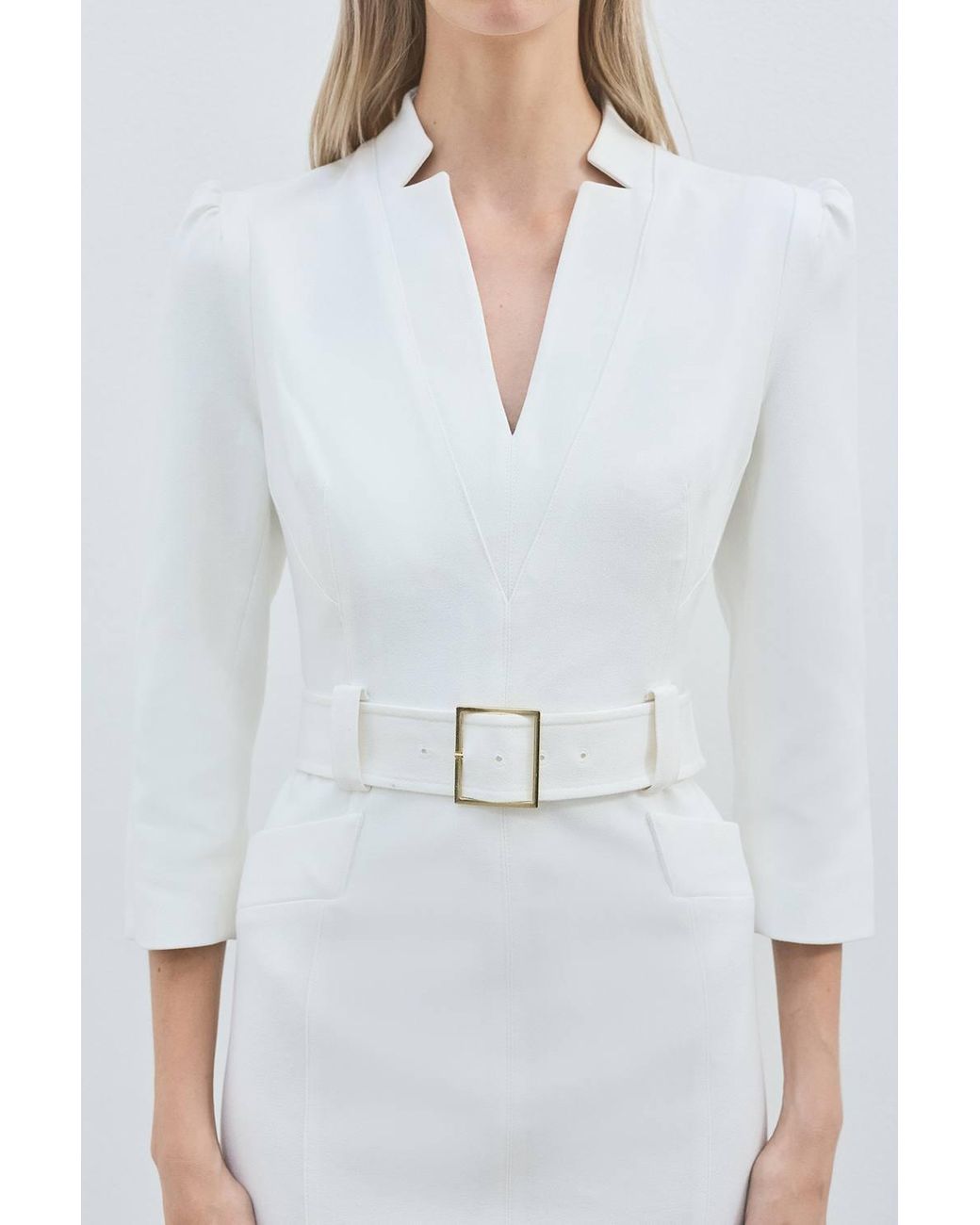 Karen Millen White Petite Forever Structured Crepe Belted Forever Midi Dress