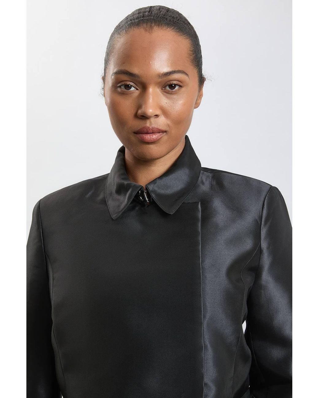 Karen Millen Black Plus Size Forever Satin Twill Cropped Wrap Tailored Jacket