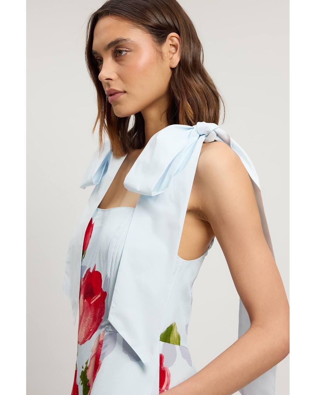 Karen Millen White Viscose Linen Floral Print Woven Prom Dress