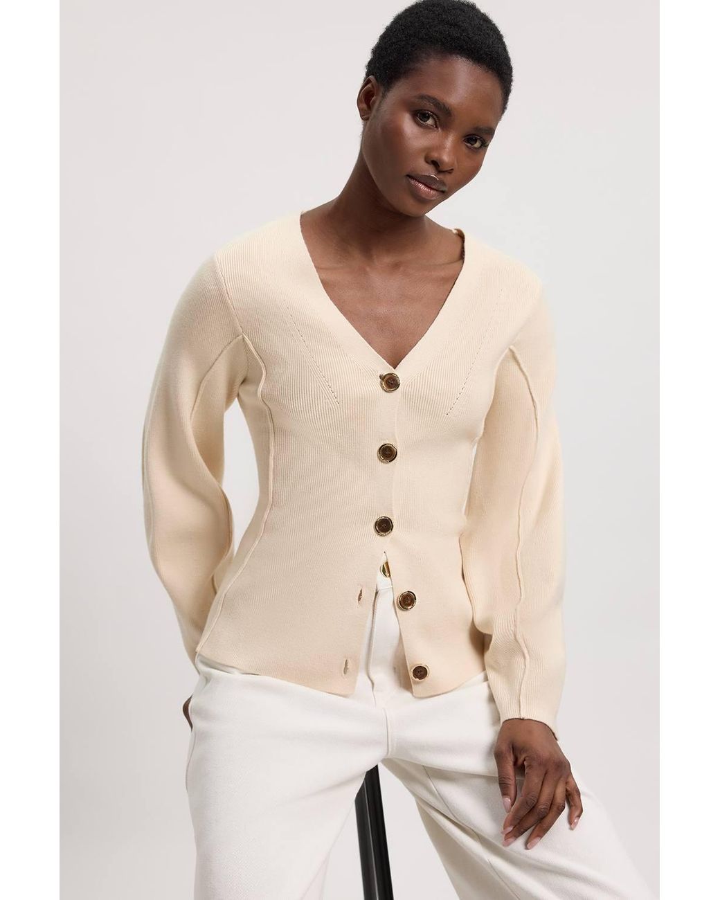 Karen Millen Natural Knit Wool Look Rounded Sleeve Cardigan Sweater