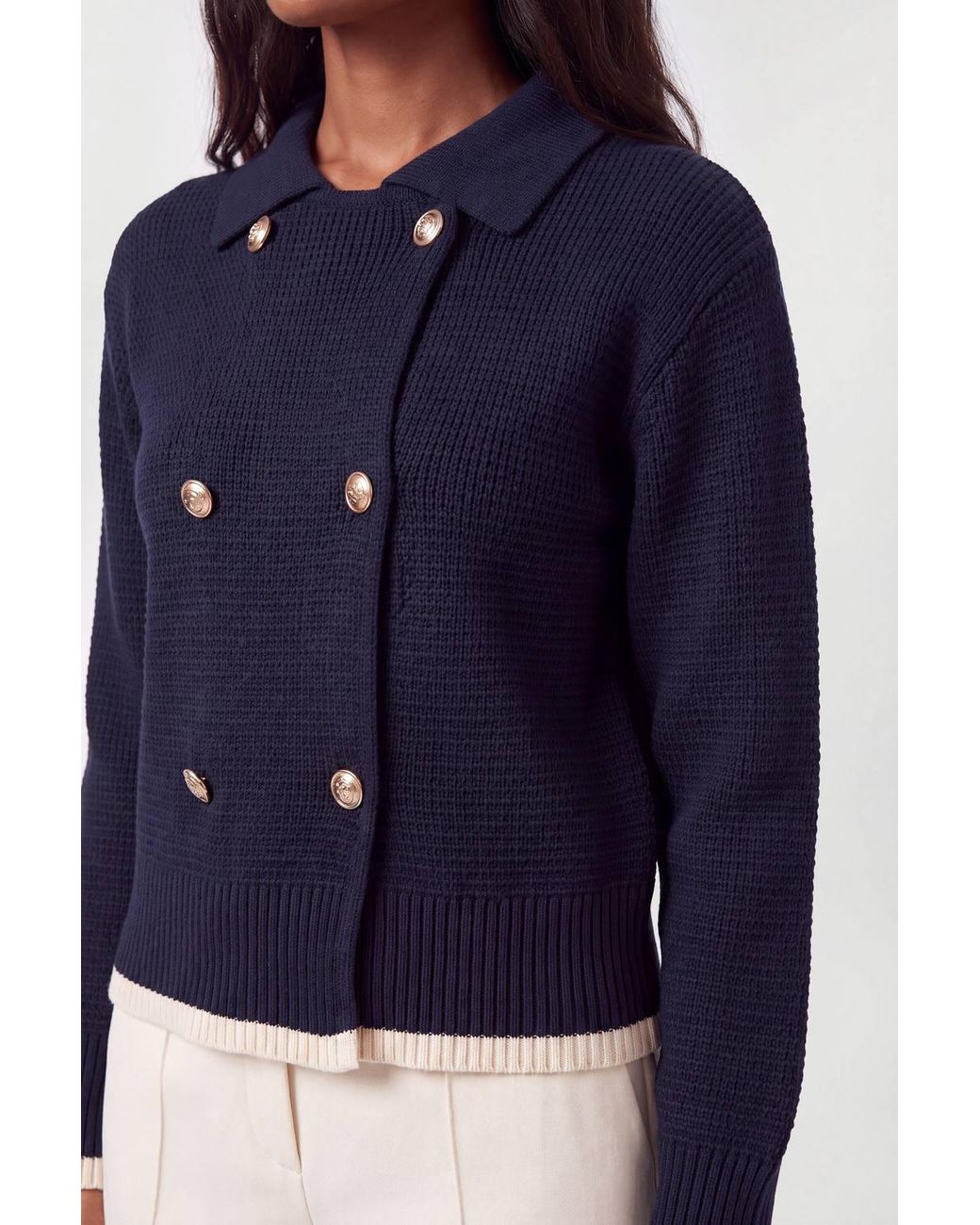 Karen Millen Blue Cotton Button Detail Knit Boxy Cardigan Sweater