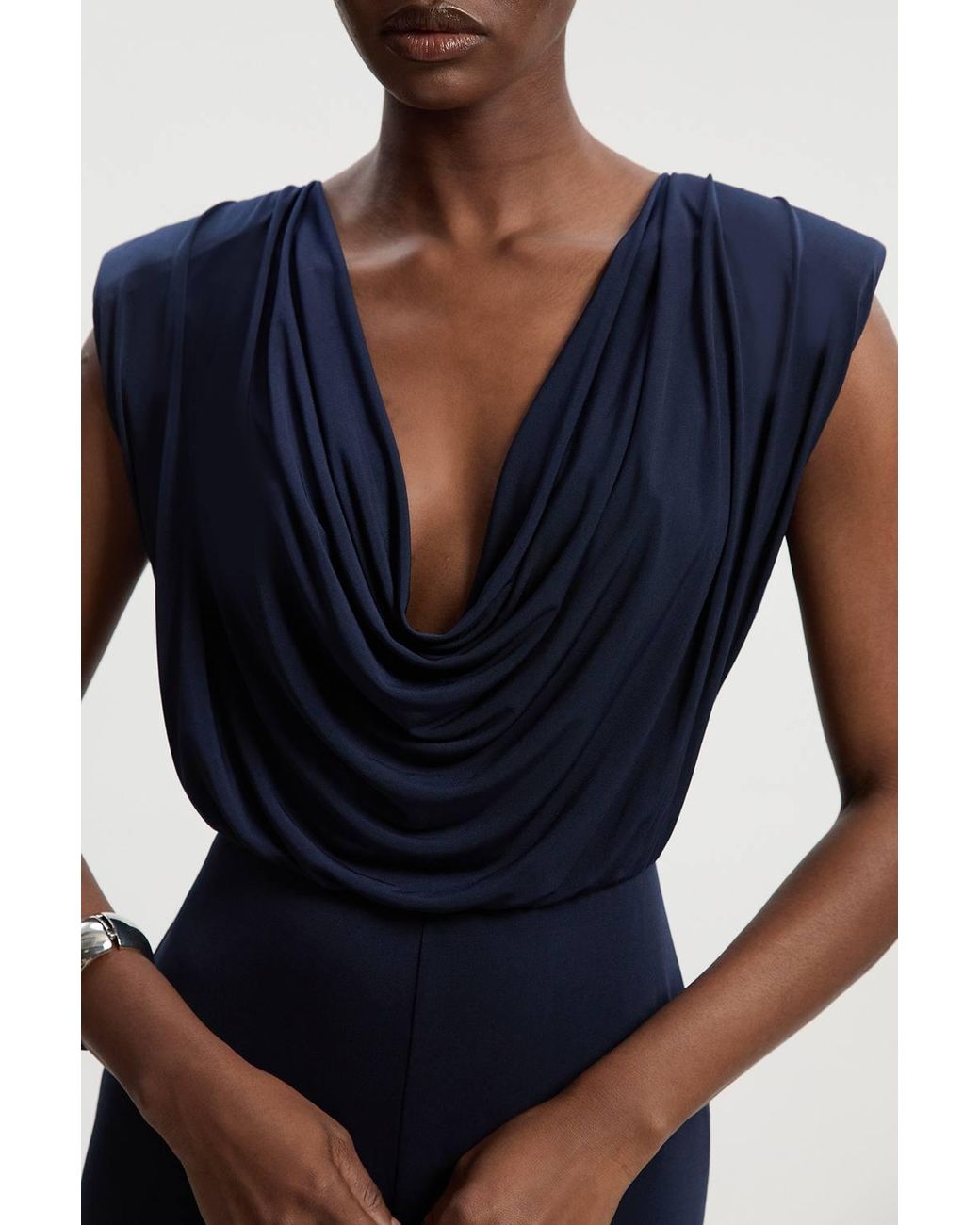 Karen Millen Blue Jersey Crepe Cowl Neck Wide Leg Jumpsuit