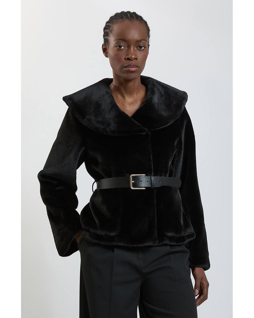 Karen Millen Black Faux Fur Oversize Collar Belted Short Coat