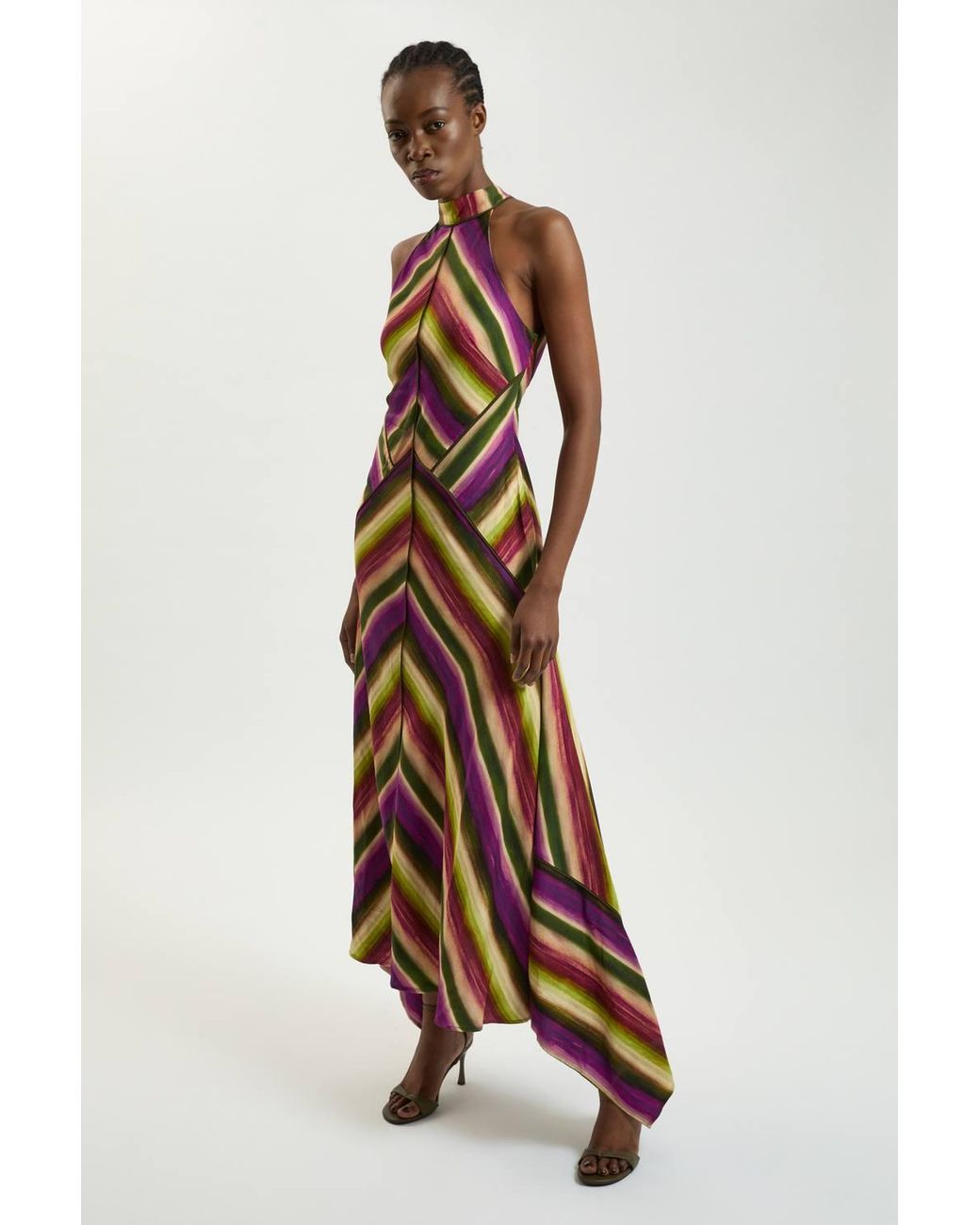 Karen Millen Purple Petite Multi Fluid Stripe Cotton Mix Woven Halter Dress
