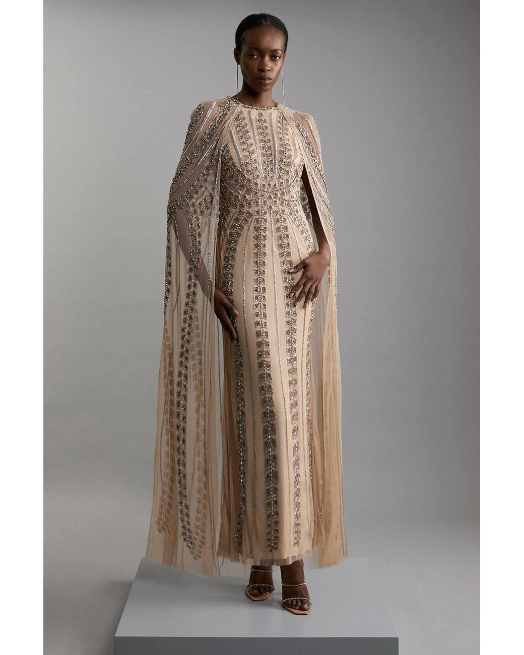 Karen Millen Brown Petite Premium Embellished Cape Maxi Dress