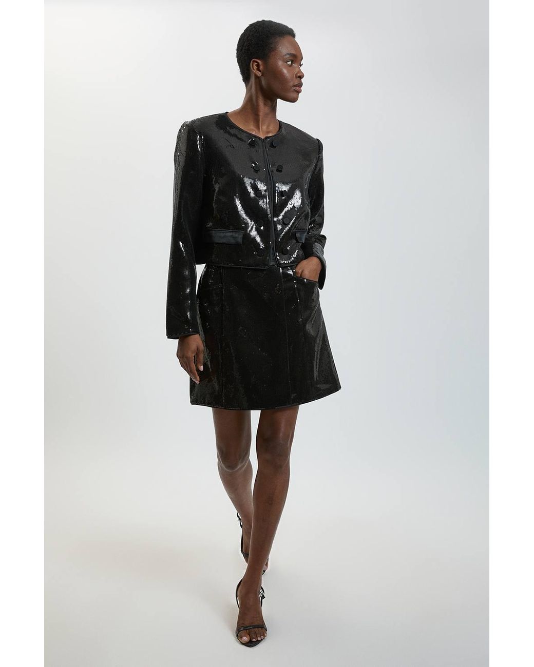 Karen Millen Black Sequin And Satin Collarless Tailored Jacket