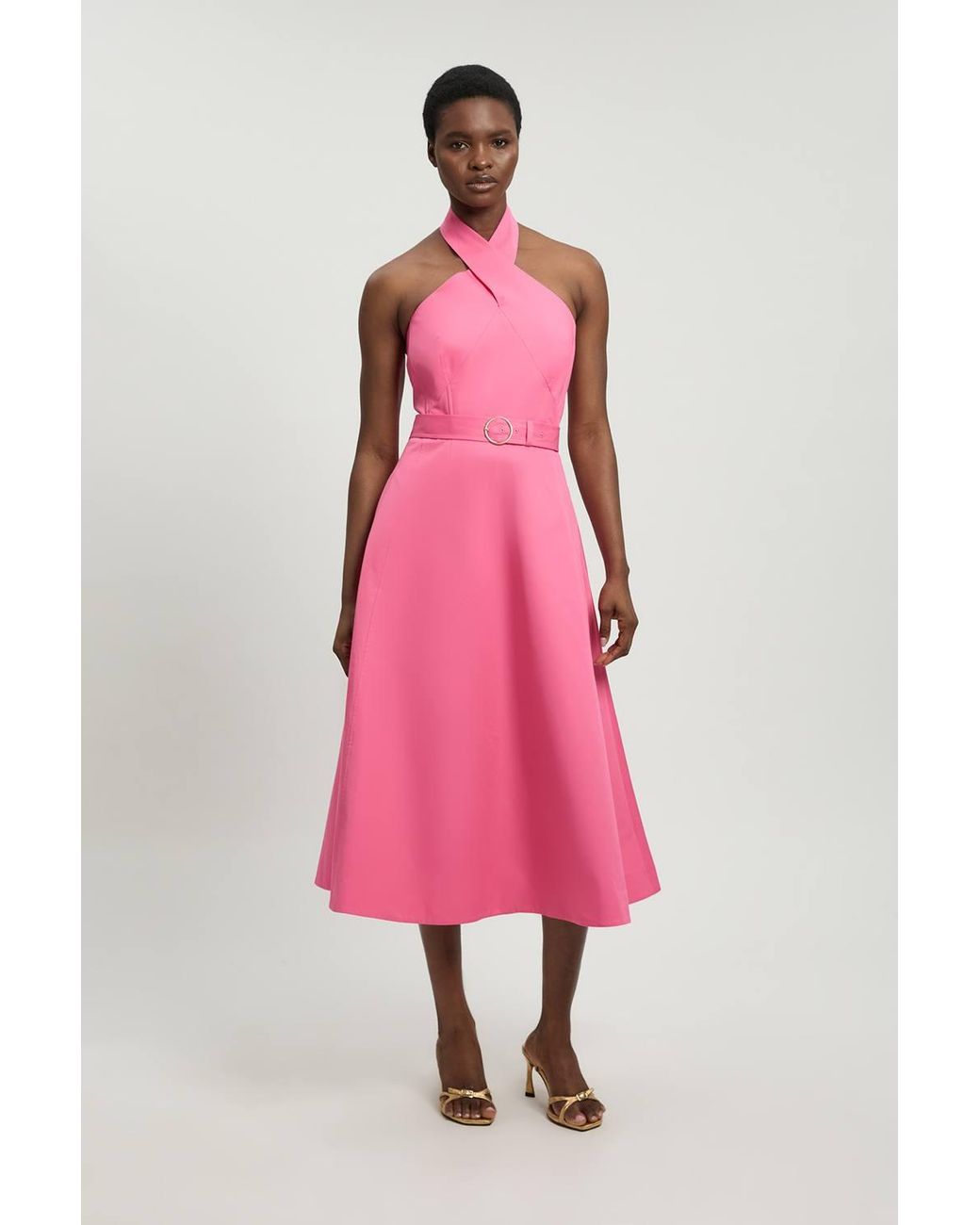 Karen Millen Pink Petite Tailored Cotton Sateen Halter Full Midi Dress
