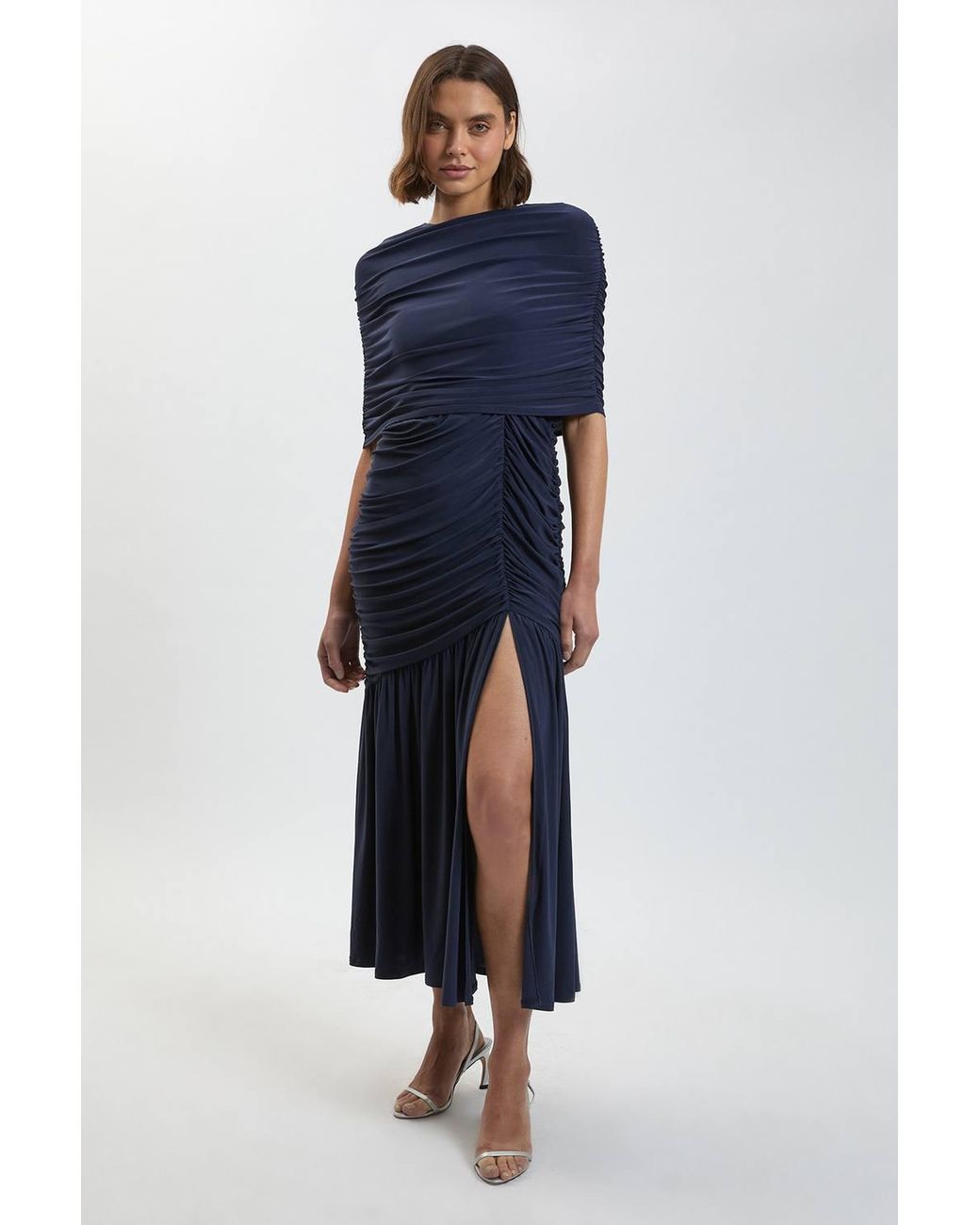Karen Millen Blue Petite Drapey Crepe Maxi Dress With Gathered Cape Detail