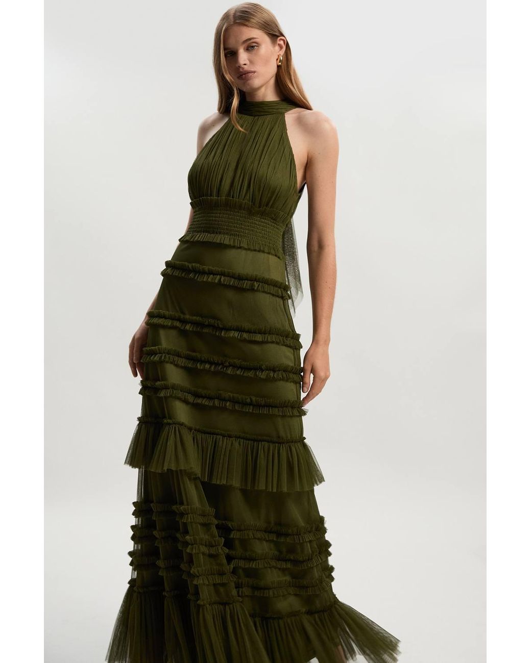 Karen Millen Green Tulle Layered Halter Neck Maxi Dress