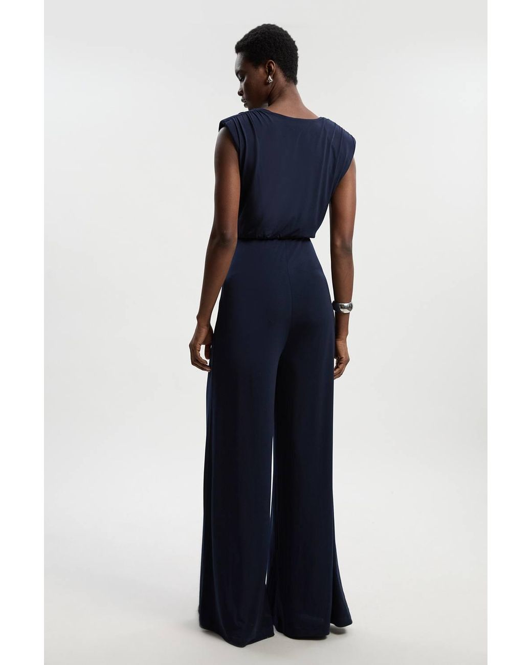 Karen Millen Blue Jersey Crepe Cowl Neck Wide Leg Jumpsuit