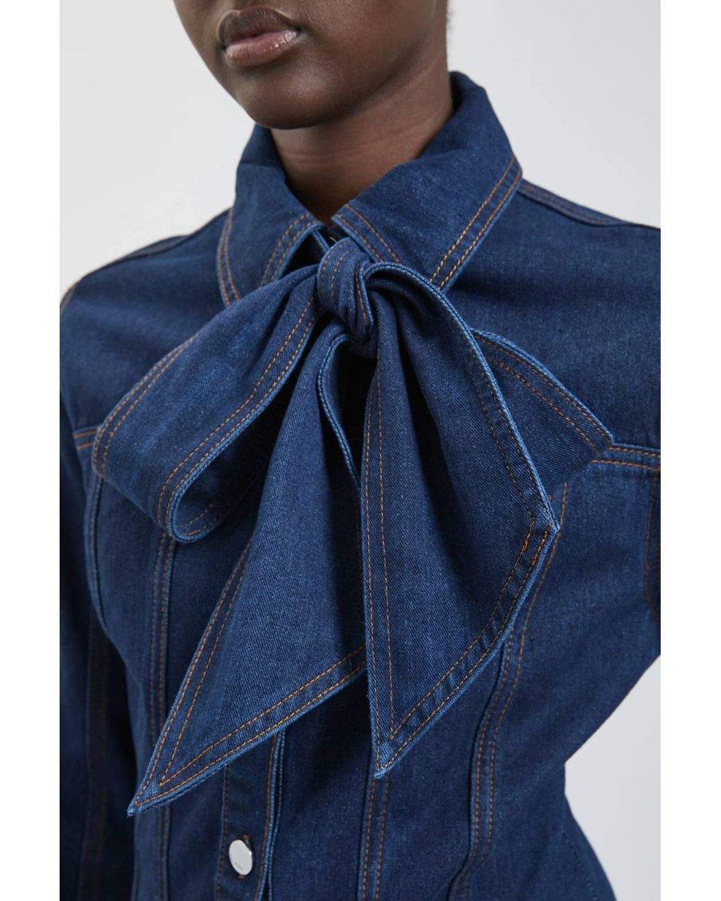 Karen Millen Blue Denim Pussybow Button Down Shirt
