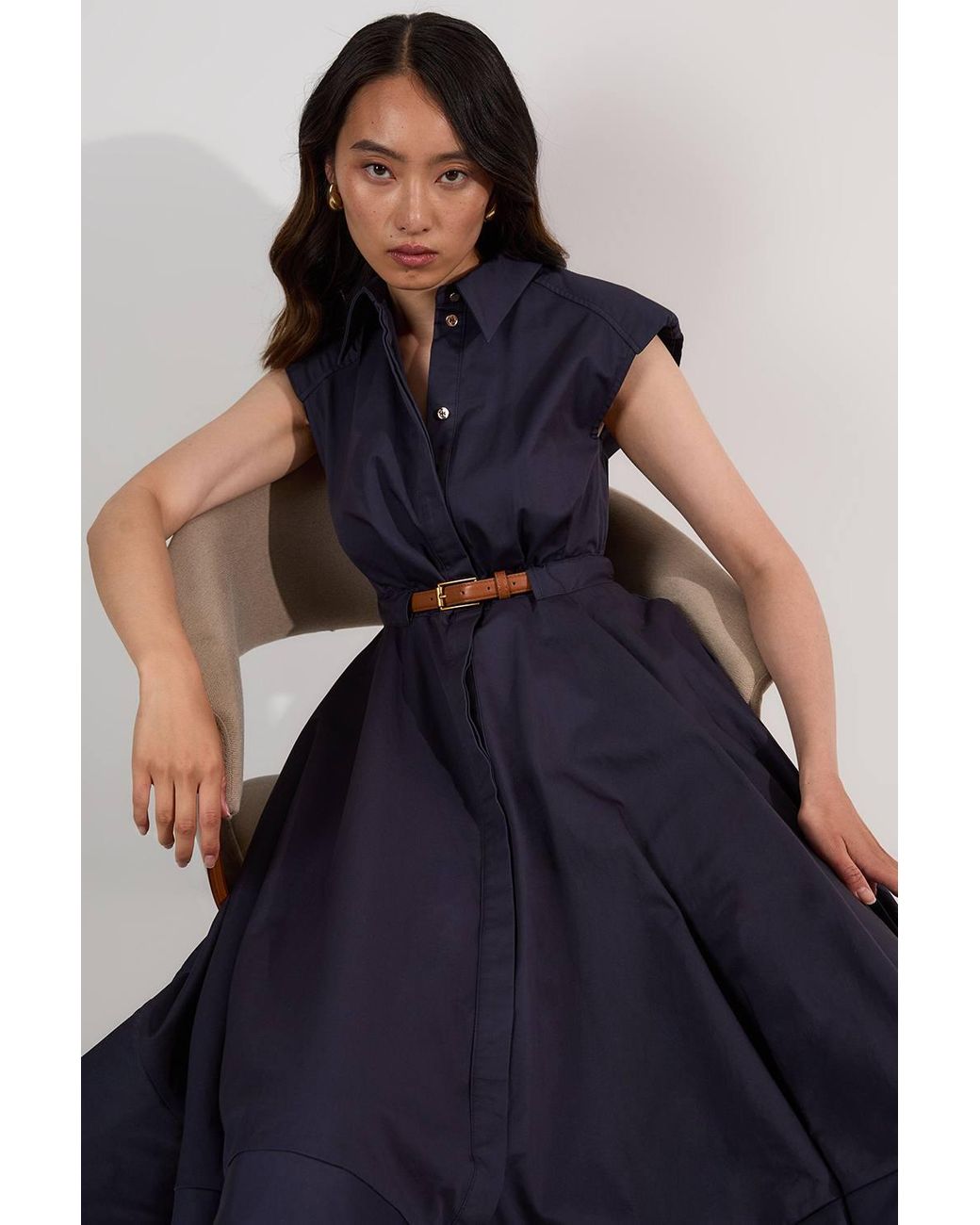 Karen Millen Blue Tailored Cotton Belted Collared Full Midi Dress