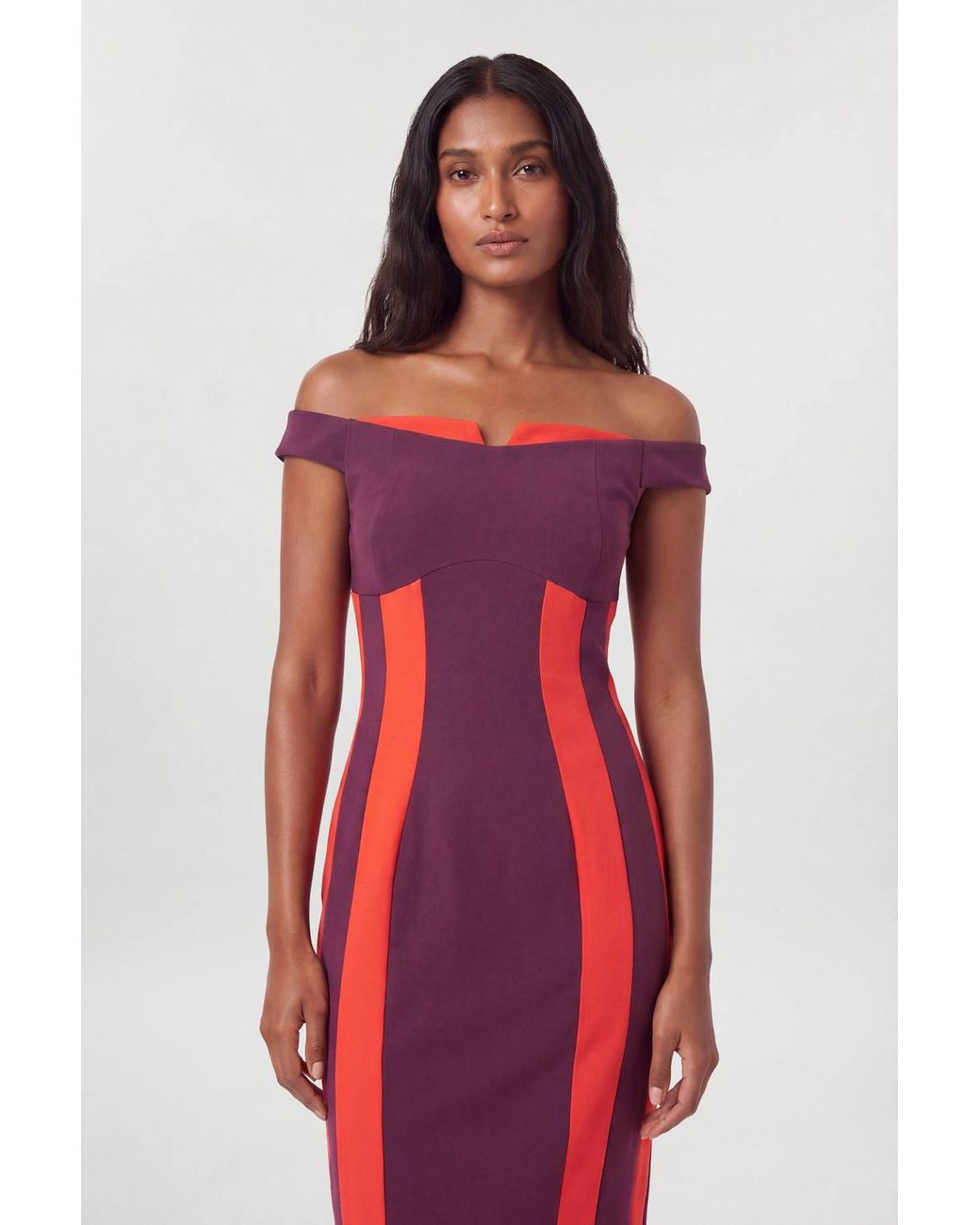 Karen Millen Red Compact Stretch Colour Block Bardot Midi Dress