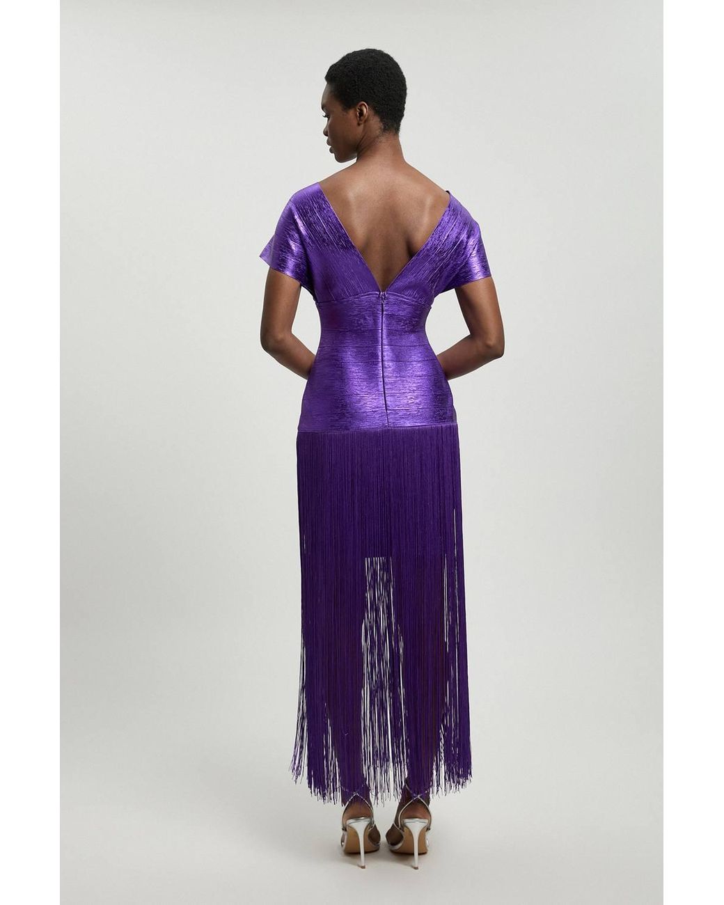 Karen Millen Purple Foil Metallic Figure Form Bandage Angel Sleeve Fringe Knit Maxi Dress