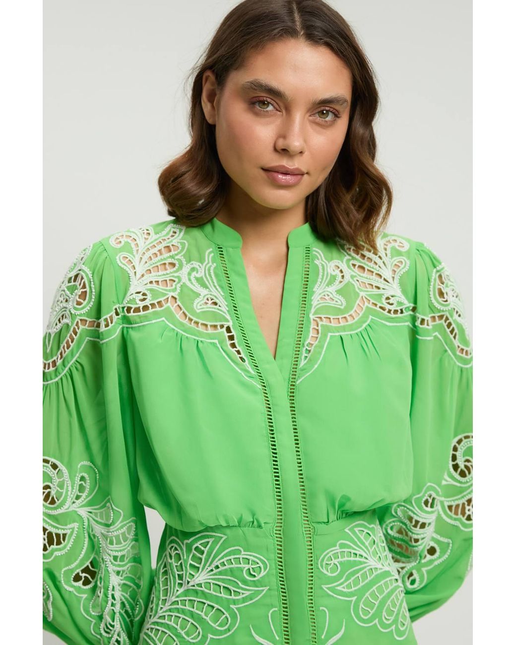 Karen Millen Green Cutwork Beaded Embroidered Woven Mini Dress