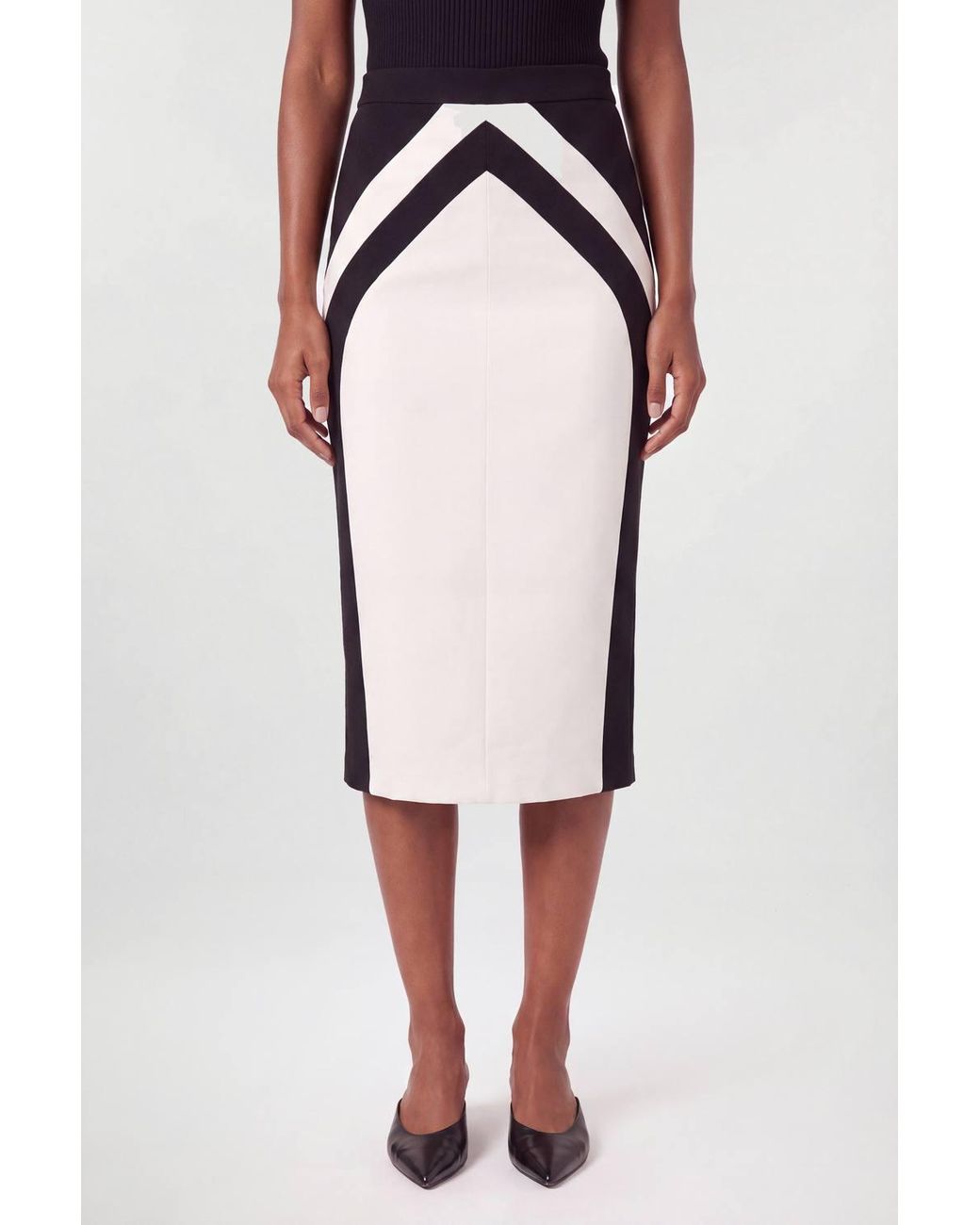 Karen Millen White Compact Stretch Colour Block Tailored Pencil Midi Skirt