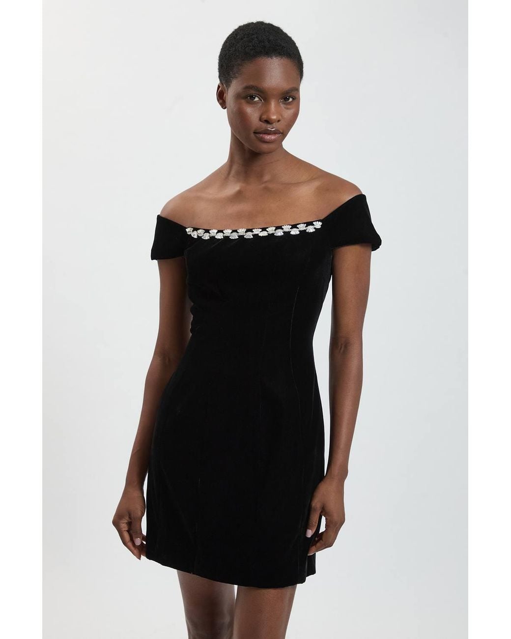 Karen Millen Black Embellished Trim Velvet Mini Dress