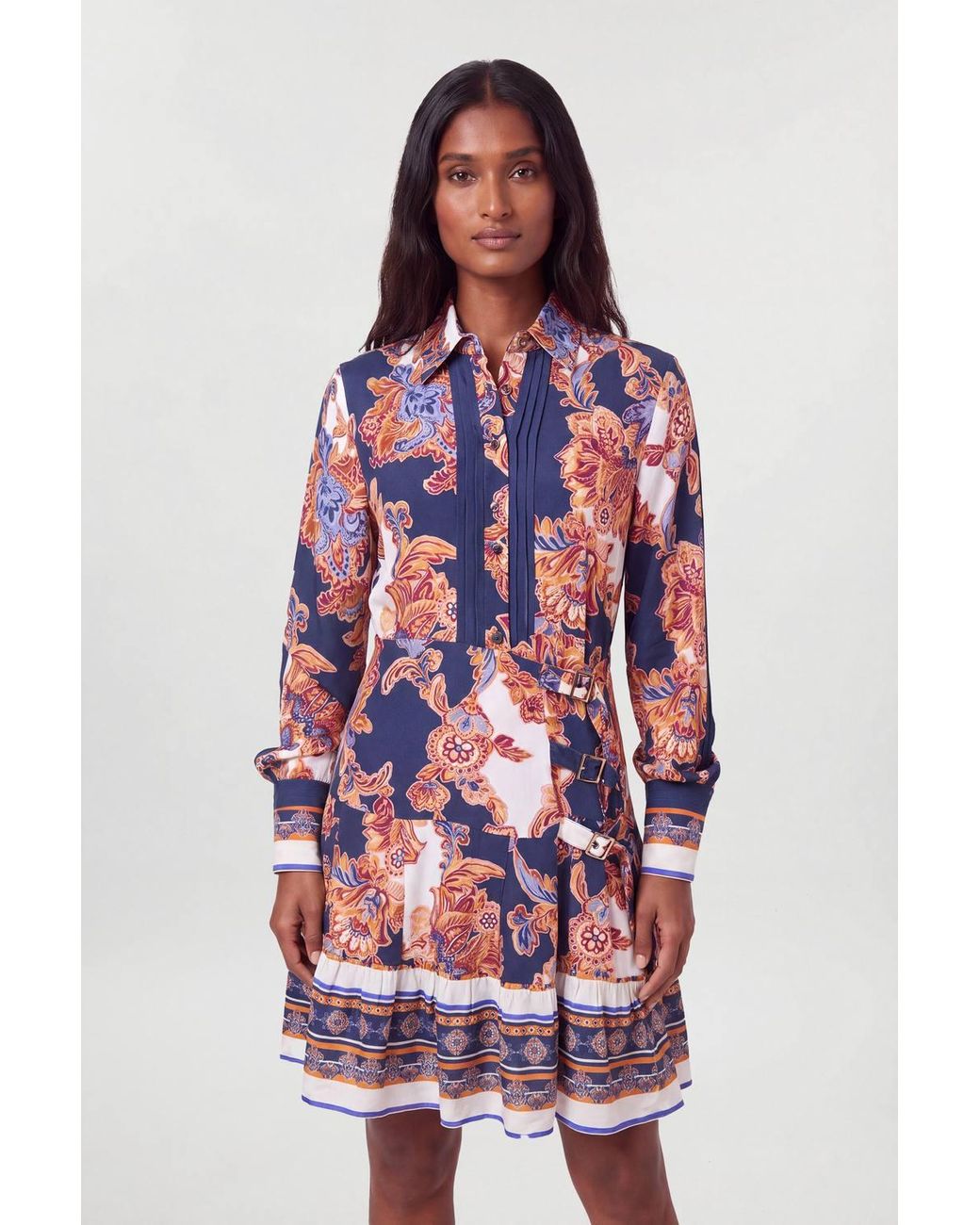 Karen Millen Red Baroque Print Belt Detail Viscose Mini Shirt Dress