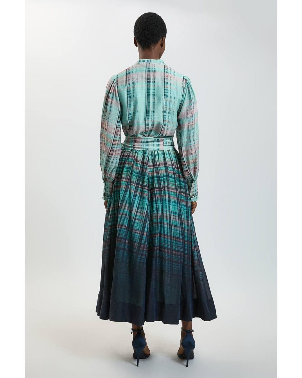 Karen Millen Blue Check Fluid Organza Belted Shirt Dress