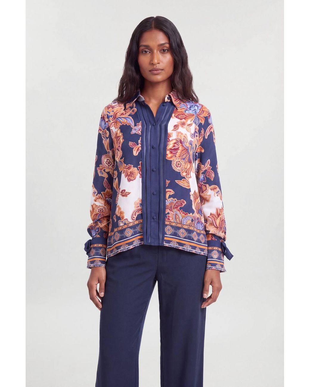 Karen Millen Blue Baroque Print Tie Sleeve Detail Viscose Shirt
