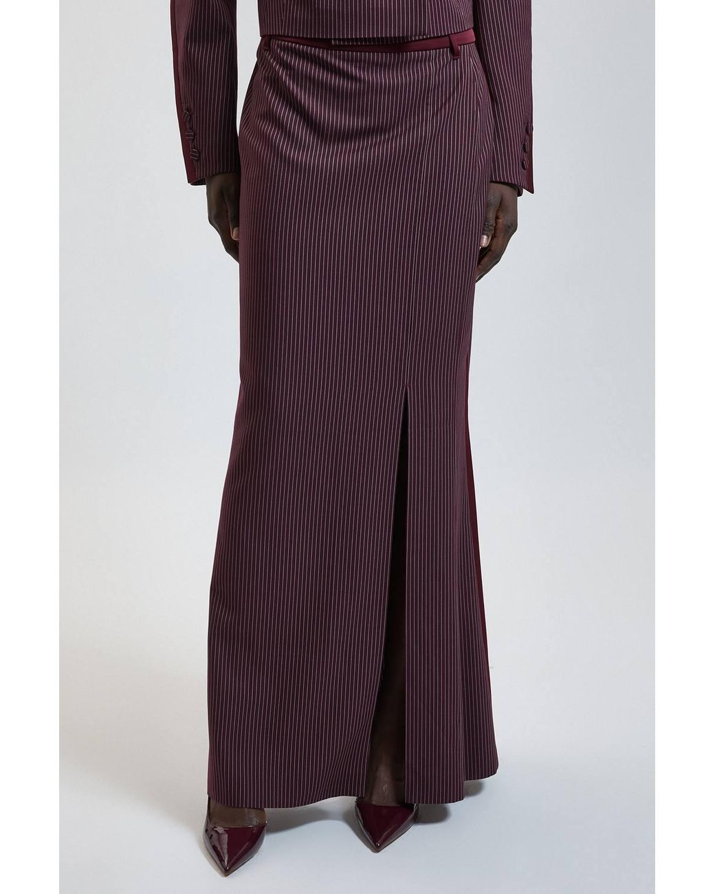Karen Millen Purple Pinstripe Satin Mix Tailored Maxi Skirt