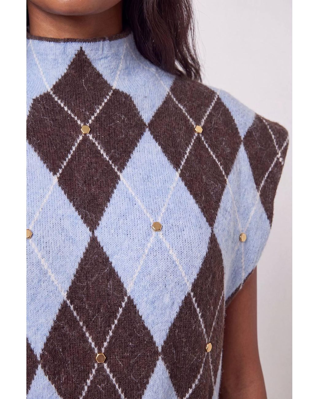Karen Millen Blue Studded Argyle Wool Blend Cosy Knit Belted Midi Dress