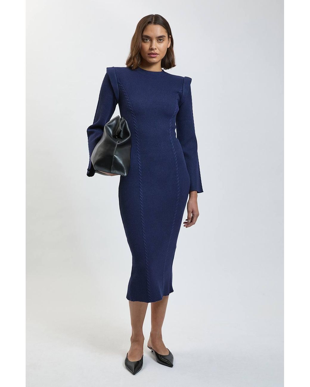 Karen Millen Blue Chain Stitch Wide Shoulder Knitted Midi Dress