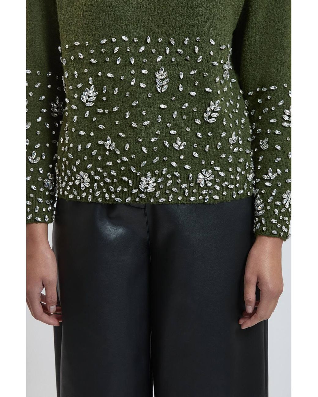 Karen Millen Green Wool Blend Embellished Cosy Knitted High Neck Jumper